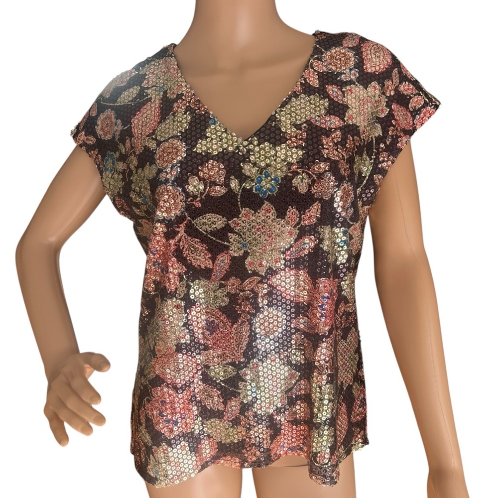 CeCe by Cynthia Steffe Sequin Floral V-Neck Top Black Multicolor Small